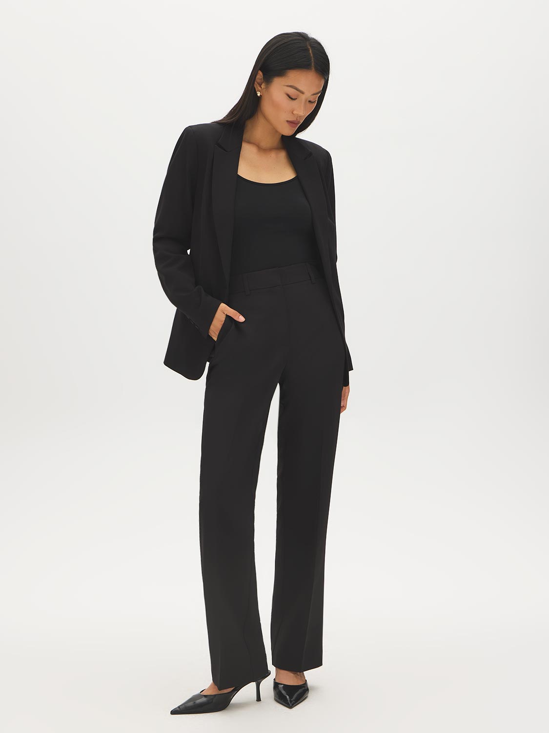 Black Single-Button Woven Blazer - Woman Wearing Tailored Blazer - Suzy Shier