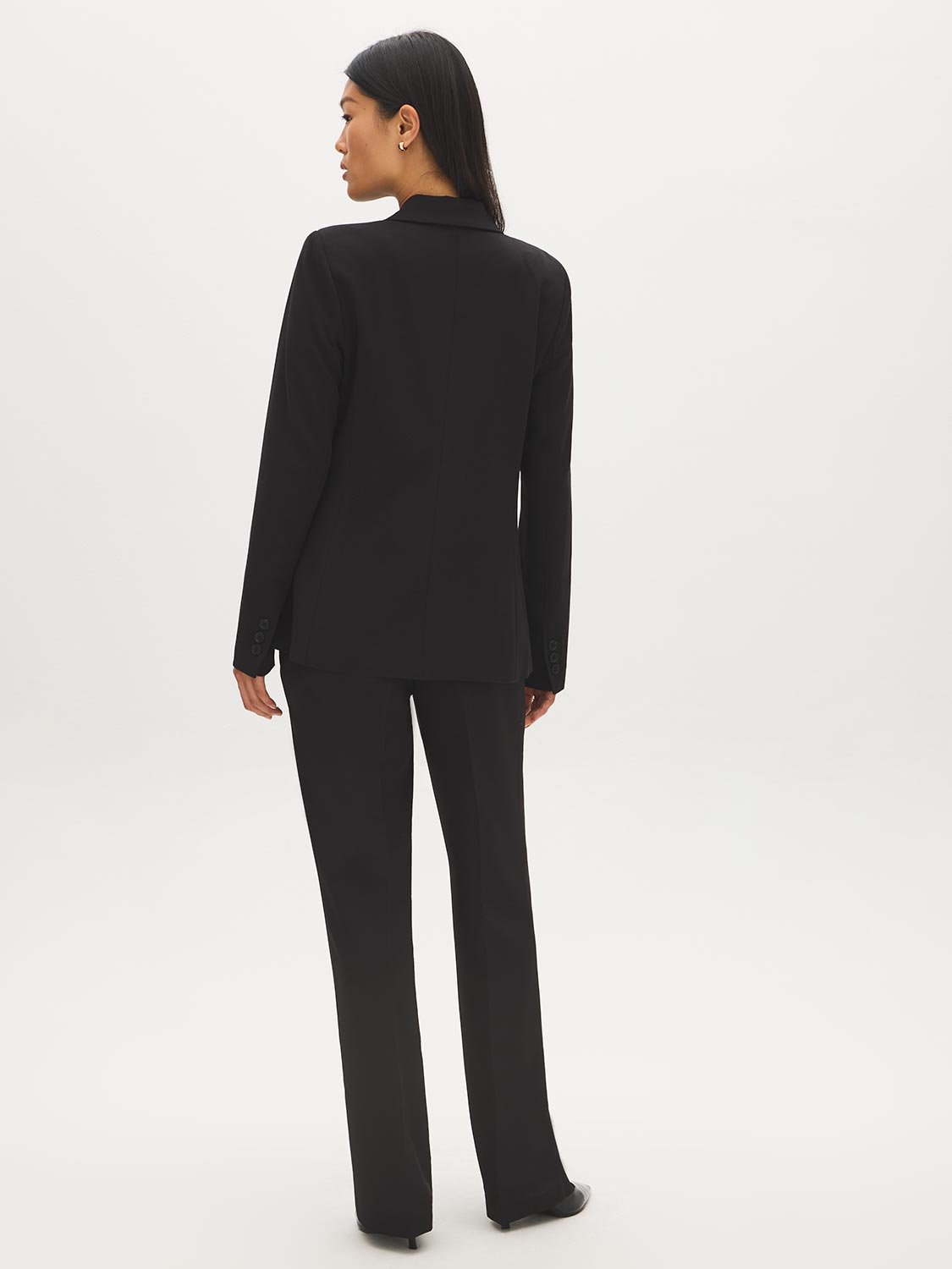 Black Single-Button Woven Blazer - Woman Wearing Tailored Blazer - Suzy Shier