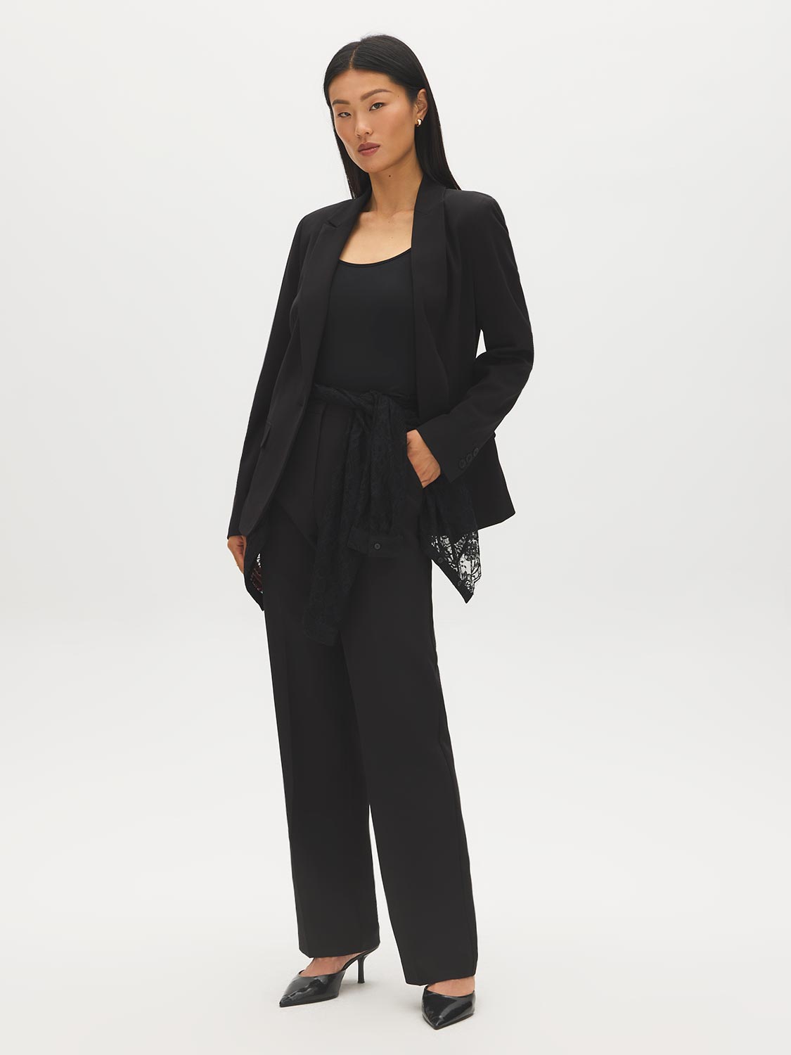 Black Single-Button Woven Blazer - Woman Wearing Tailored Blazer - Suzy Shier