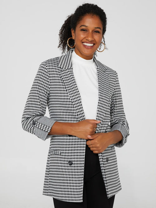 Houndstooth Jacquard Double Breasted Blazer With Pockets