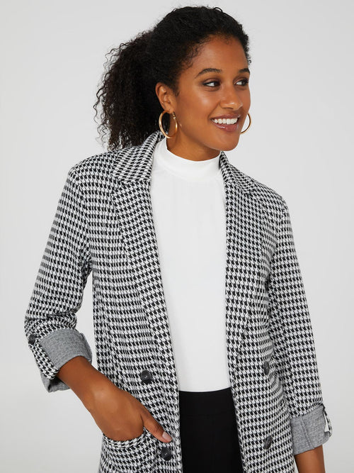 Houndstooth Jacquard Double Breasted Blazer With Pockets