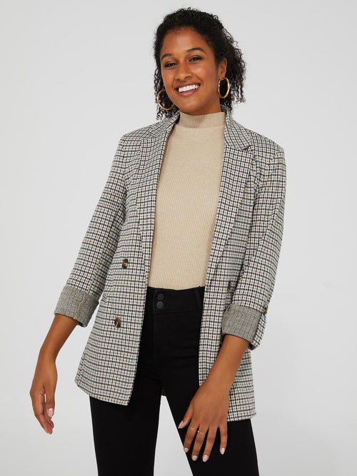 Houndstooth Jacquard Button-Front Blazer