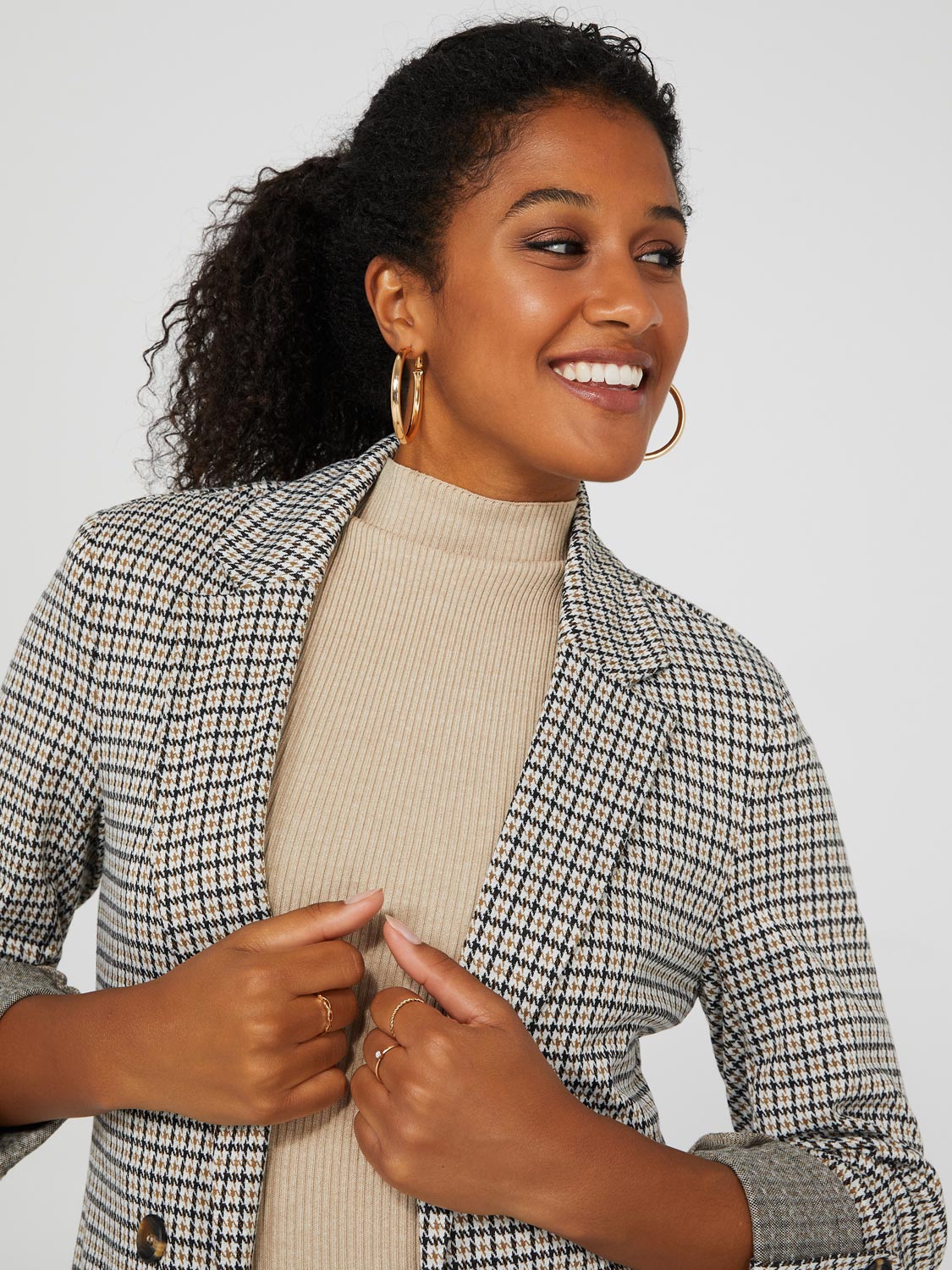 Houndstooth Jacquard Double Breasted Blazer With Pockets