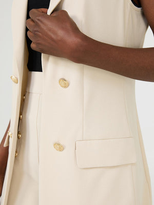 4-Button Sleeveless Open Blazer Oatmeal