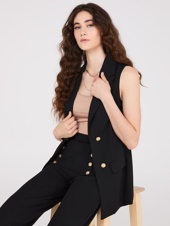 4-Button Sleeveless Open Blazer Black