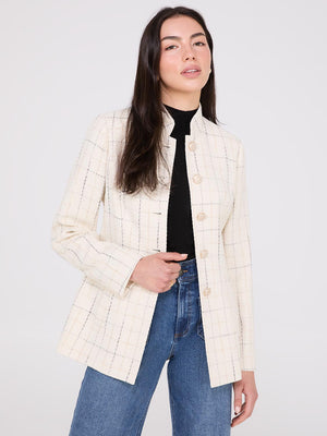 Boucle Button-Front Blazer With Mandarin Collar Pearl