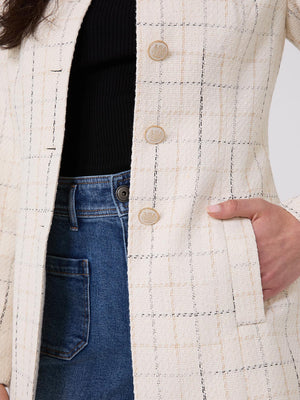 Boucle Button-Front Blazer With Mandarin Collar Pearl