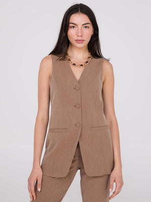 Sleeveless 3-Button Blazer Med Brown