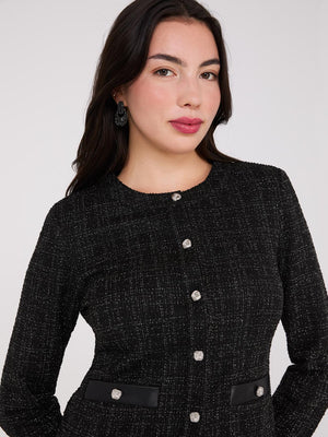 Metallic Boucle Button-Front Blazer Black