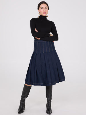 Denim Pleated Midi Skirt Dk Denim Blue