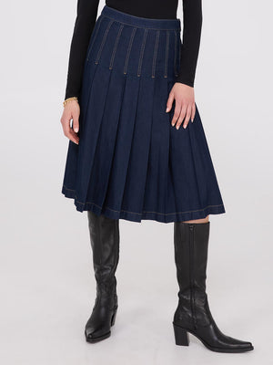 Denim Pleated Midi Skirt Dk Denim Blue