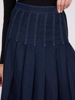 Denim Pleated Midi Skirt Dk Denim Blue