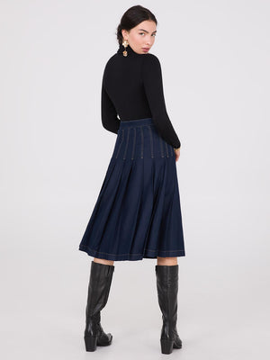 Denim Pleated Midi Skirt Dk Denim Blue