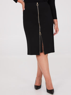 Exposed Zipper Front Pencil Skirt Black