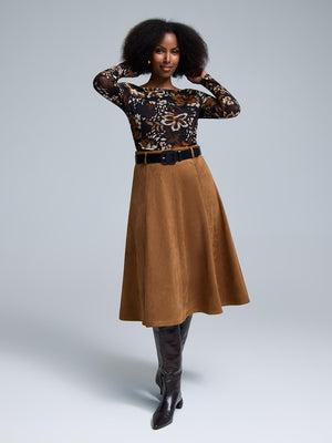 Belted Pleated Faux Suede Skirt Camel
