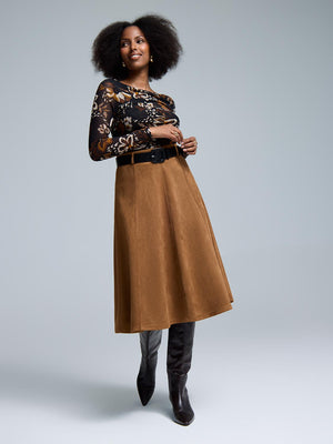 Belted Pleated Faux Suede Skirt Camel