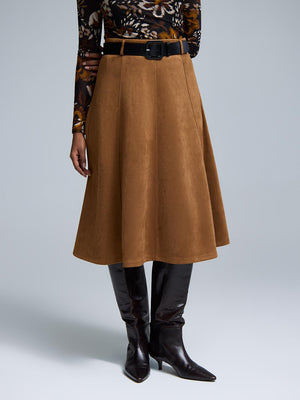 Belted Pleated Faux Suede Skirt Camel