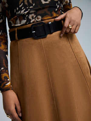 Belted Pleated Faux Suede Skirt Camel