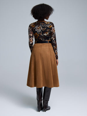 Belted Pleated Faux Suede Skirt Camel