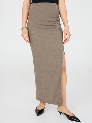 Long Pencil Skirt With Front Slit Fawn