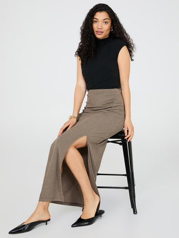 Long Pencil Skirt With Front Slit Fawn