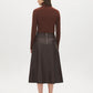 Coffee Bean Faux Leather A-Line Skirt with Yoke - Woman Wearing Structured Skirt - Suzy Shier