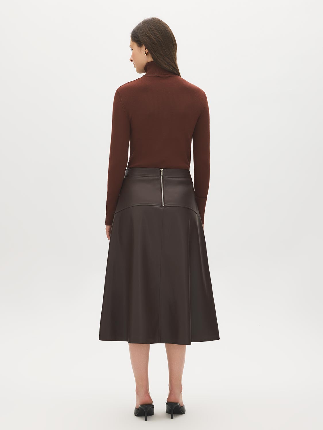 Coffee Bean Faux Leather A-Line Skirt with Yoke - Woman Wearing Structured Skirt - Suzy Shier