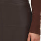 Coffee Bean Faux Leather A-Line Skirt with Yoke - Woman Wearing Structured Skirt - Suzy Shier