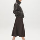 Coffee Bean Faux Leather A-Line Skirt with Yoke - Woman Wearing Structured Skirt - Suzy Shier