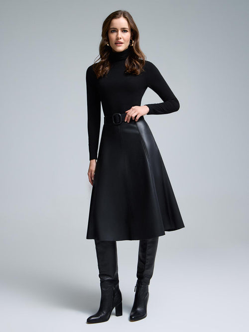 Belted Faux Leather Midi Skirt