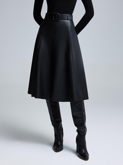 Belted Faux Leather Midi Skirt