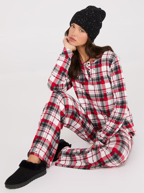 Plaid Print Henley Pajama Set