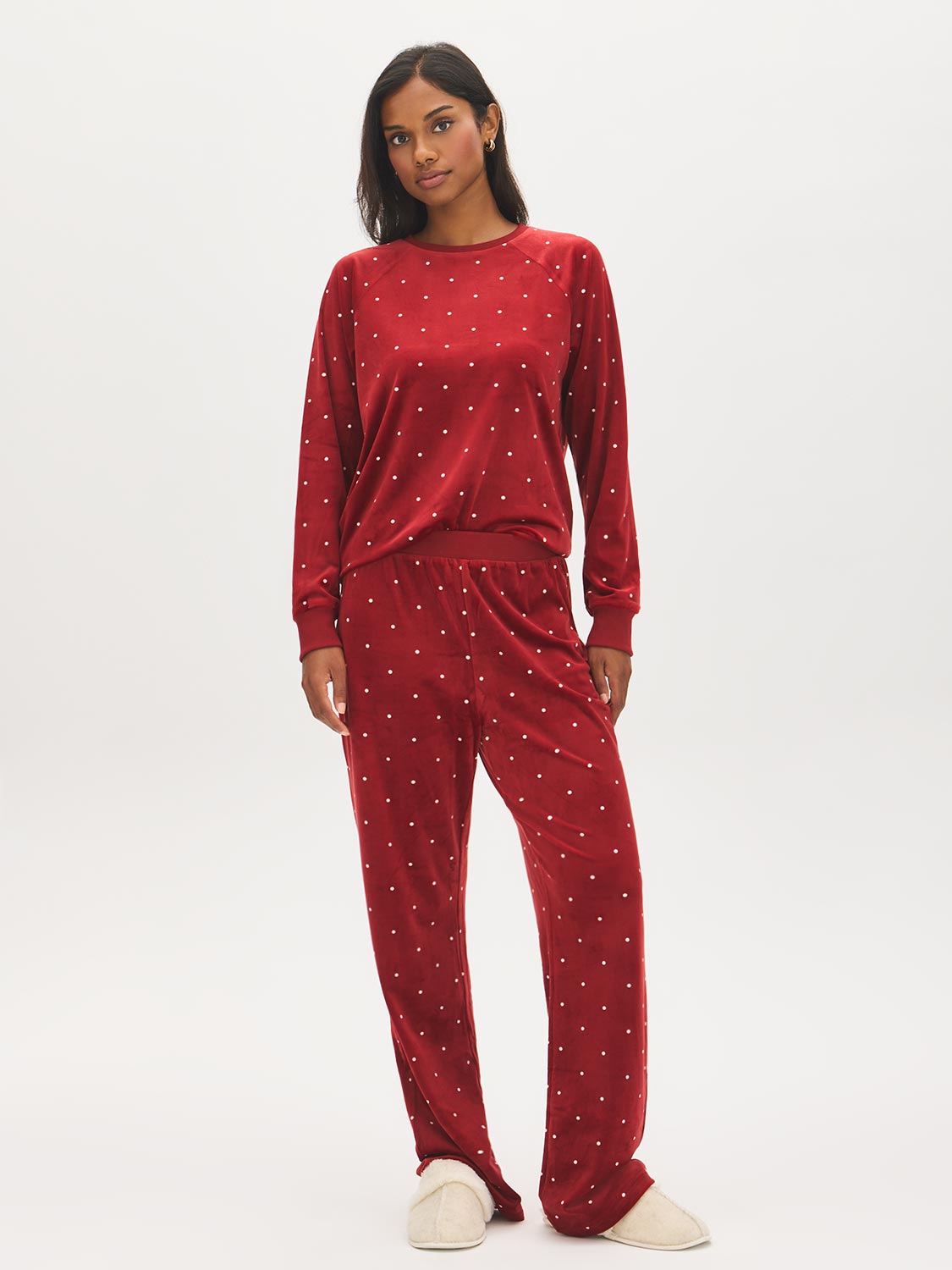Raspberry Dots Print Velour PJ Set - Woman Wearing Cozy Lounge Set - Suzy Shier