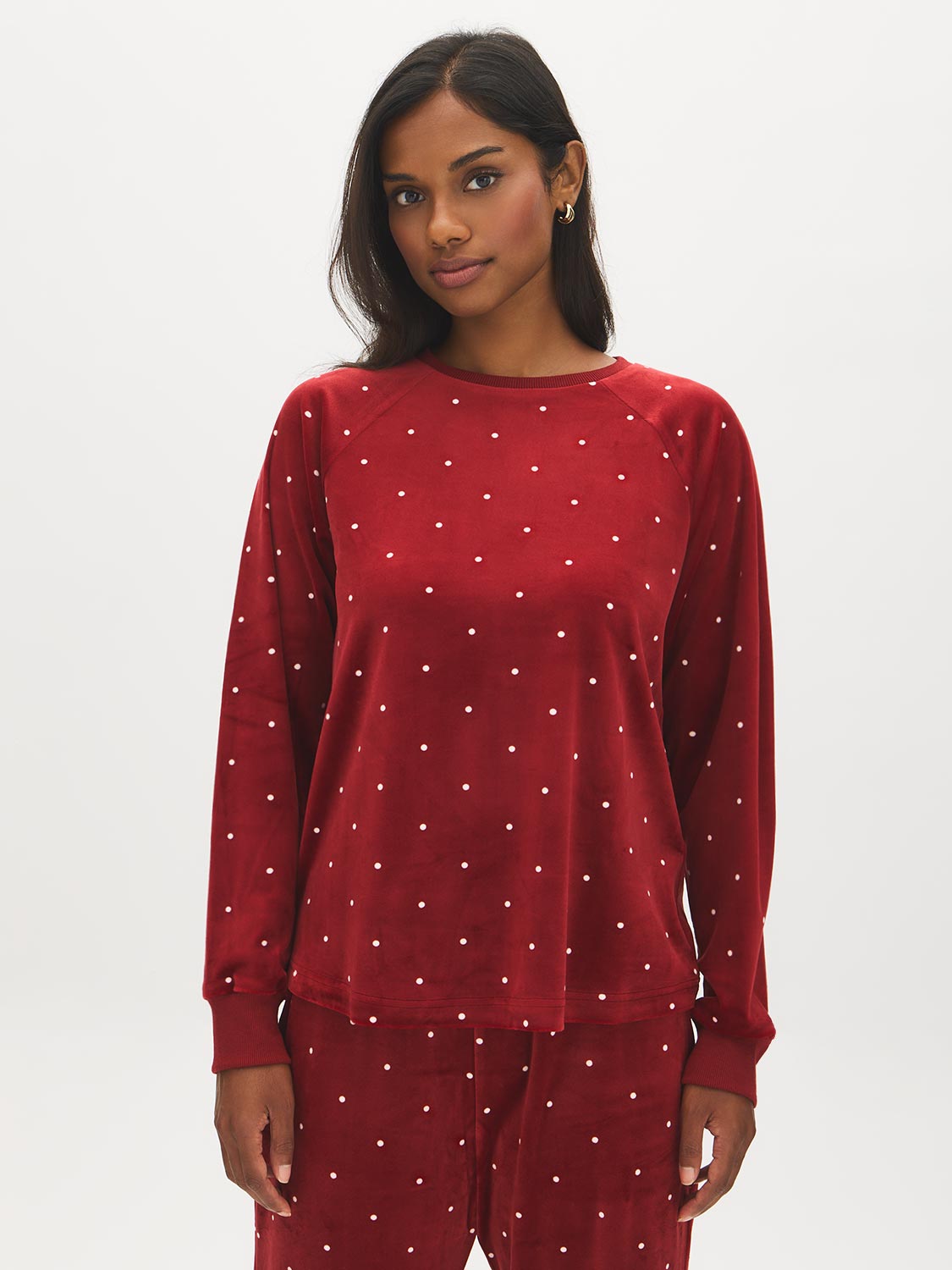 Raspberry Dots Print Velour PJ Set - Woman Wearing Cozy Lounge Set - Suzy Shier