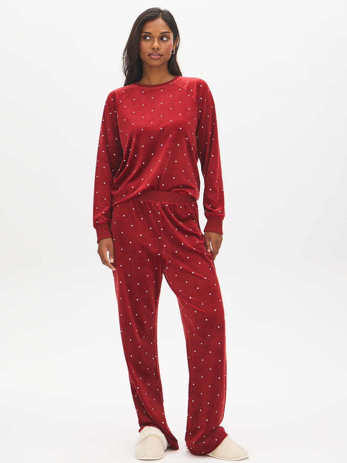 Raspberry Dots Print Velour PJ Set - Woman Wearing Cozy Lounge Set - Suzy Shier