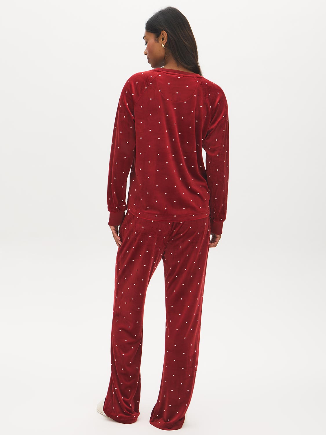 Raspberry Dots Print Velour PJ Set - Woman Wearing Cozy Lounge Set - Suzy Shier