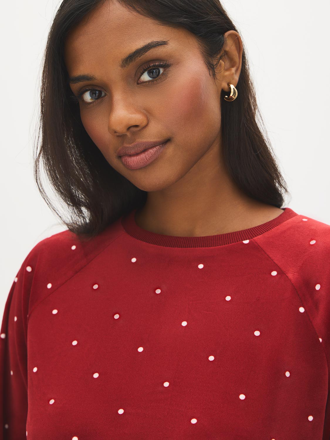 Raspberry Dots Print Velour PJ Set - Woman Wearing Cozy Lounge Set - Suzy Shier