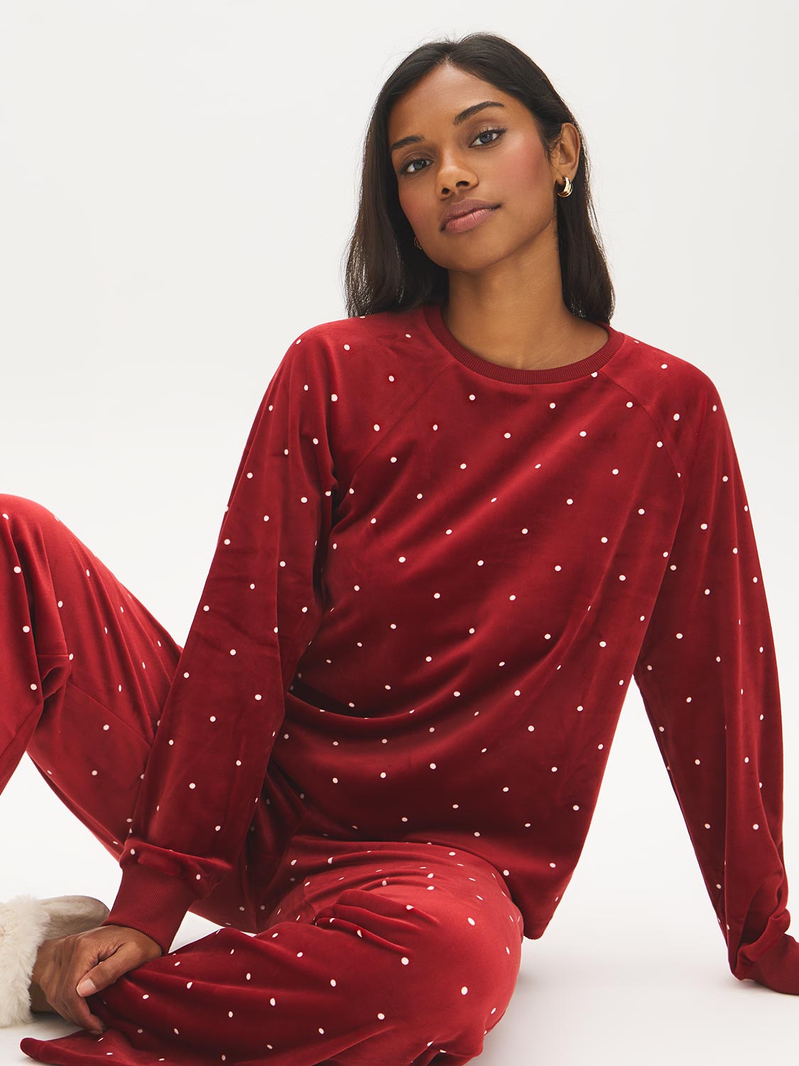 Raspberry Dots Print Velour PJ Set - Woman Wearing Cozy Lounge Set - Suzy Shier