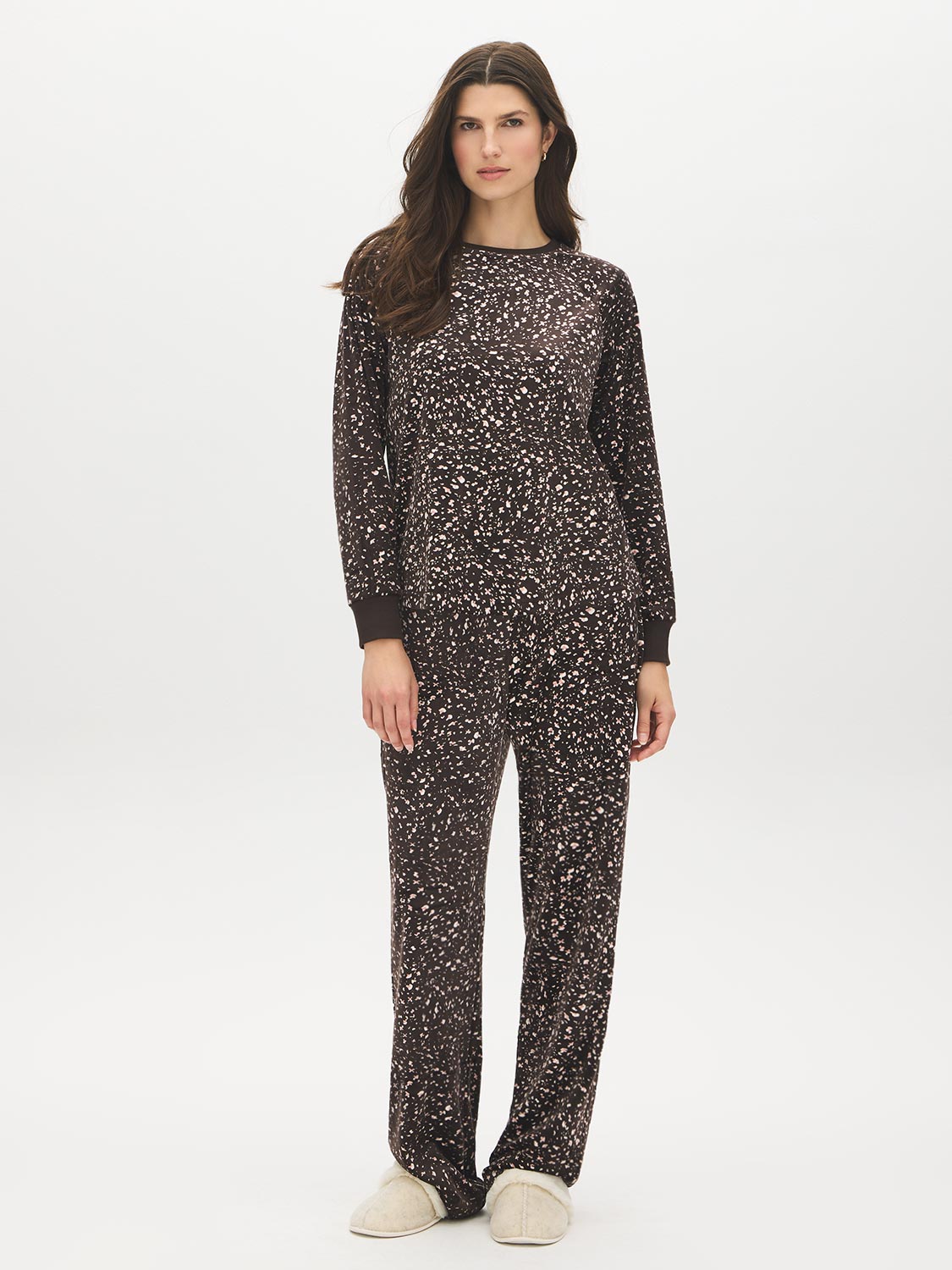Coffee Bean Animal Print Velour PJ Set - Woman Wearing Cozy Loungewear - Suzy Shier