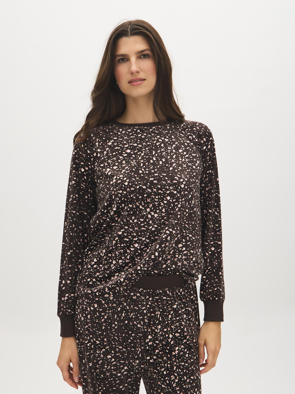 Coffee Bean Animal Print Velour PJ Set - Woman Wearing Cozy Loungewear - Suzy Shier