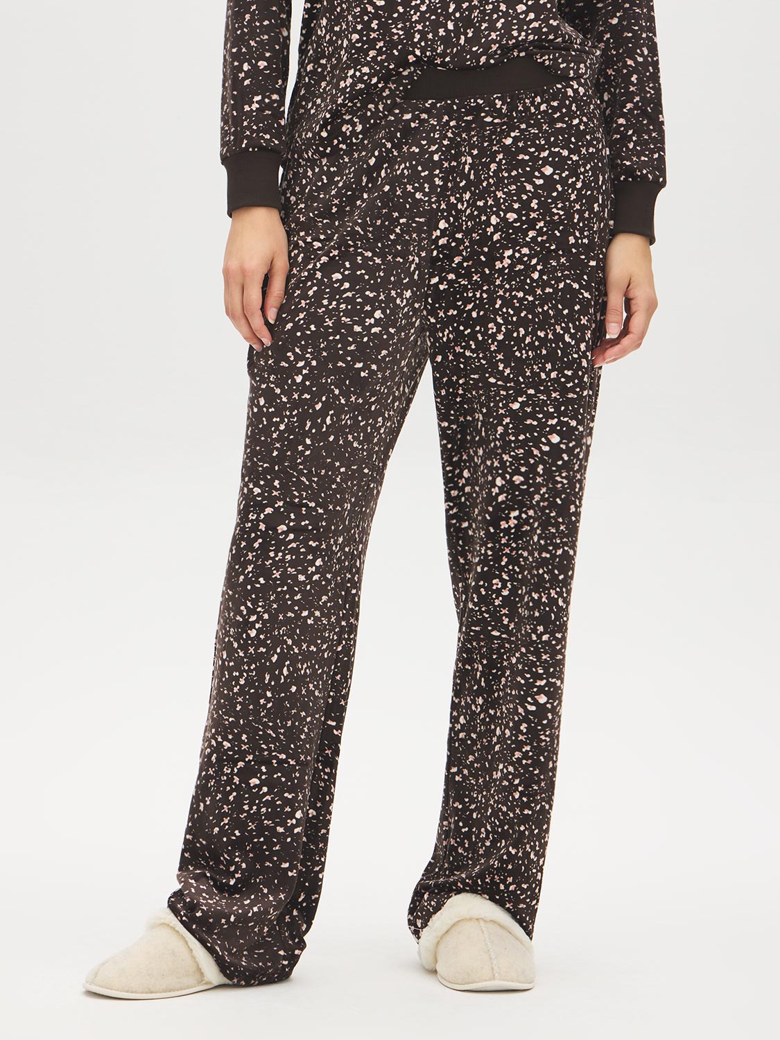 Coffee Bean Animal Print Velour PJ Set - Woman Wearing Cozy Loungewear - Suzy Shier