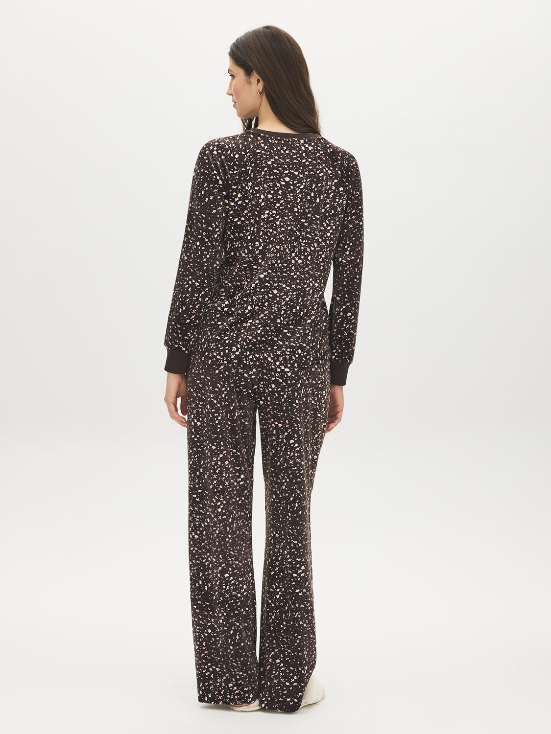 Coffee Bean Animal Print Velour PJ Set - Woman Wearing Cozy Loungewear - Suzy Shier
