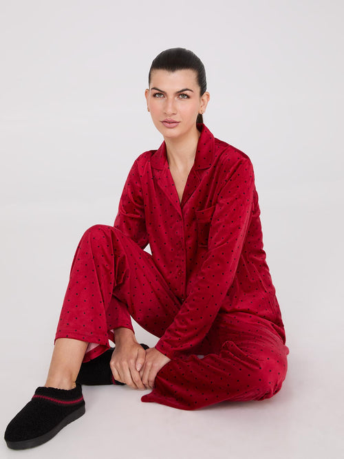 Dot Print Velour Button-Down Pajama Set