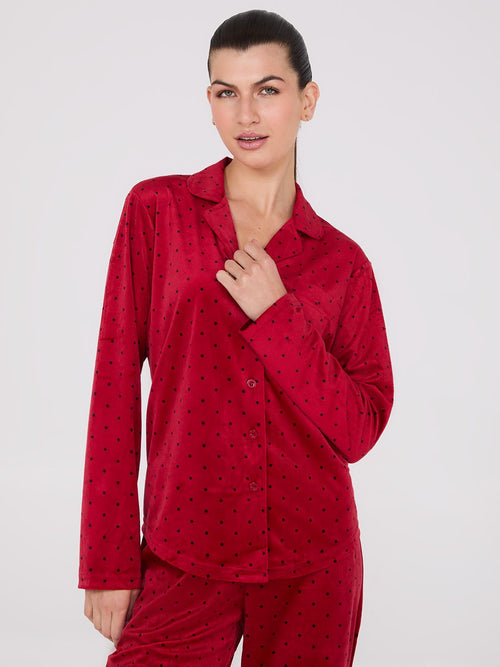 Dot Print Velour Button-Down Pajama Set