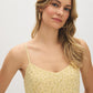 Banana Crepe Ditsy Print Chiffon Mini Dress - Woman Wearing V-Neck Dress with Adjustable Straps - Suzy Shier