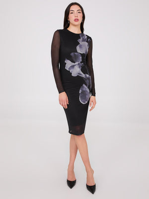 Robe mi-longue en maille avec placement de fleurs Black