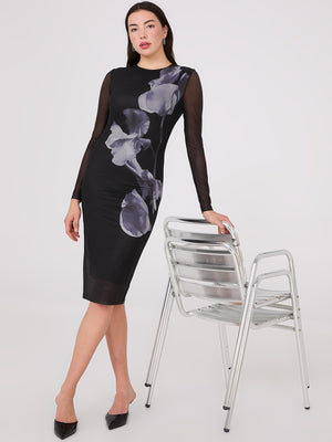 Floral Placement Mesh Midi Column Dress Black