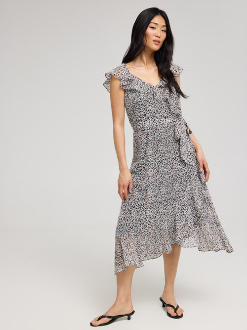 Ditsy Floral Ruffle Wrap Front Chiffon Dress
