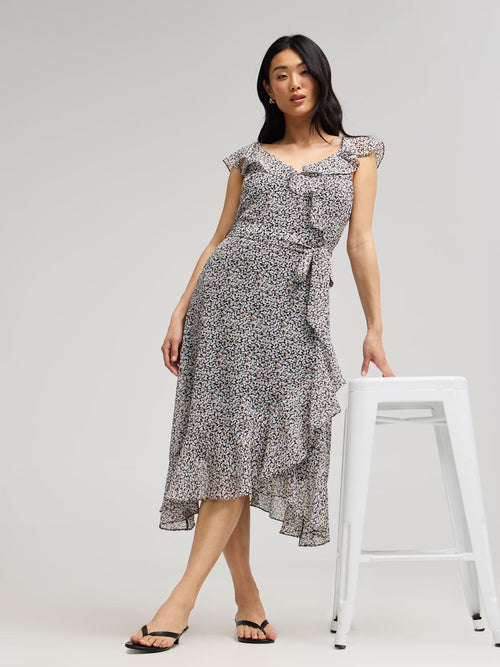 Ditsy Floral Ruffle Wrap Front Chiffon Dress