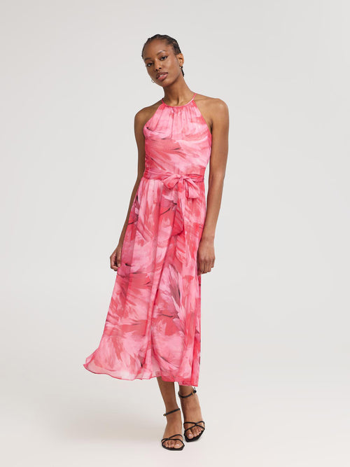 Feather Print Halter Chiffon Dress